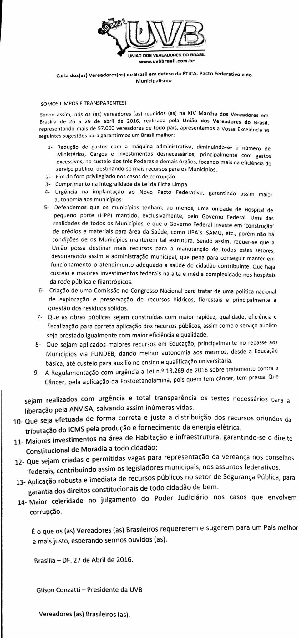 Carta de Reivindicações é lida na XIV Marcha dos Vereadores